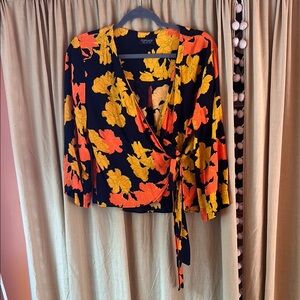 Topshop Black and Orange Wrap Blouse with Tie Front